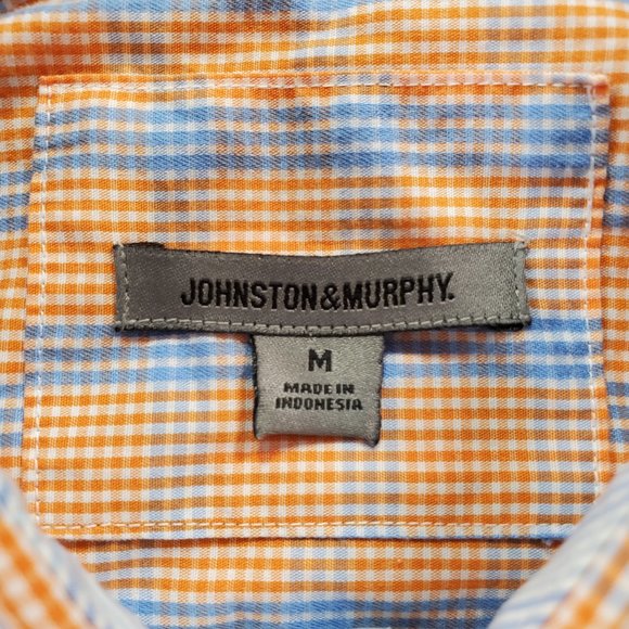 Johnston Murphy Shirt Men Medium Orange Blue Check Regular Fit Casual Button Up - Picture 2 of 14